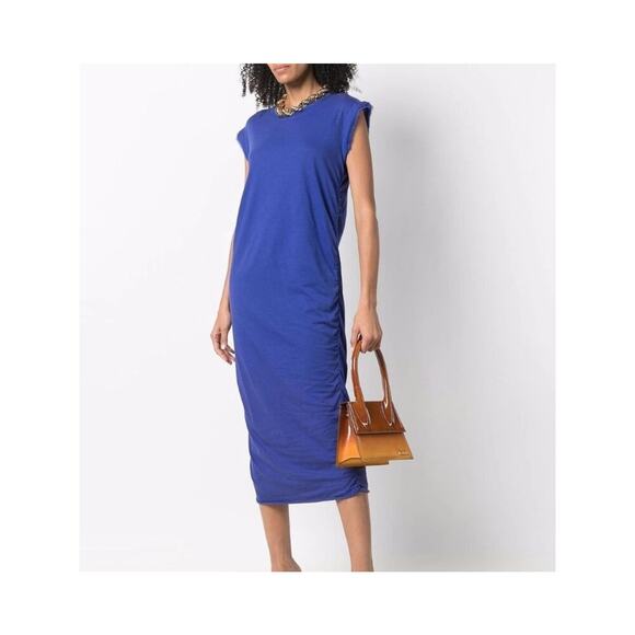 LANVIN Paris Blue Silk Ruched Midi Dress Size M Sleeveless Fringe Hem Luxury - Picture 1 of 13